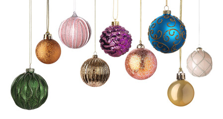 Christmas balls hanging on white background. Many festive ornaments