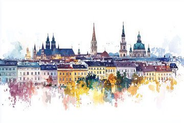 Fototapeta premium Watercolor illustration of Vienna skyline with colorful rooftops and historic cathedral towers in autumn