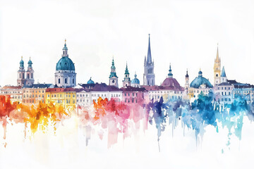 Fototapeta premium Watercolor illustration of Vienna domes and colorful skyline with splashes of autumn trees and houses