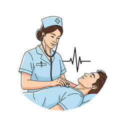 Nurse checking patient's heartbeat with stethoscope in healthcare setting  