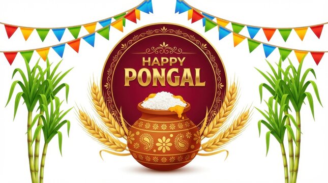 Happy pongal festival image shows a pot with rice, sugarcane stalks, and festive colorful triangular flags on a white surface