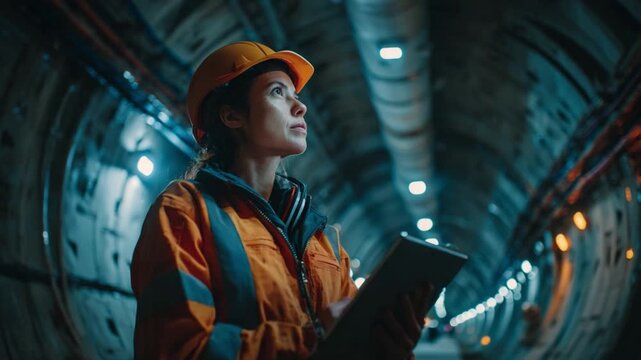 Tunnel Vision: A determined female engineer, clad in a hard hat and high-visibility vest, surveys a meticulously constructed tunnel interior.
