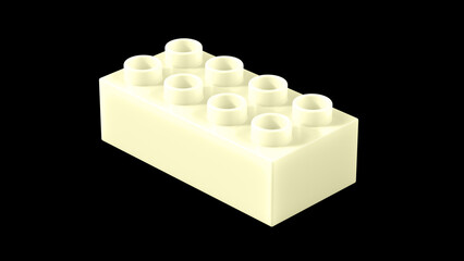 Cream Plastic Building Brick Isolated on a Black Background. Children Toy Block, Perspective View. Close Up View of a Game Block for Constructors. 3D Rendering. 8K Ultra HD, 7680x4320, 300 dpi