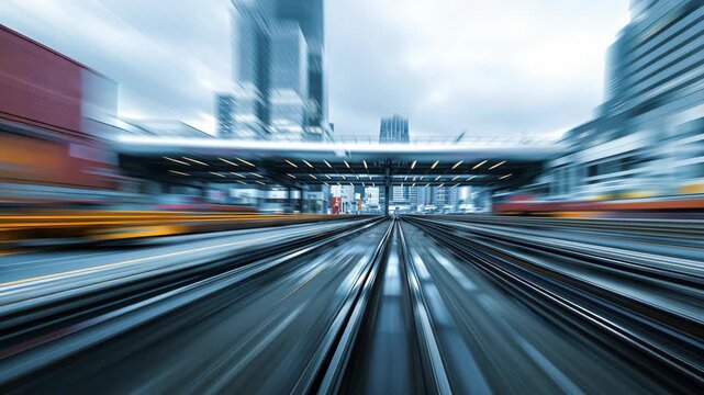 Freight train speeding through a modern city with motion blur effect