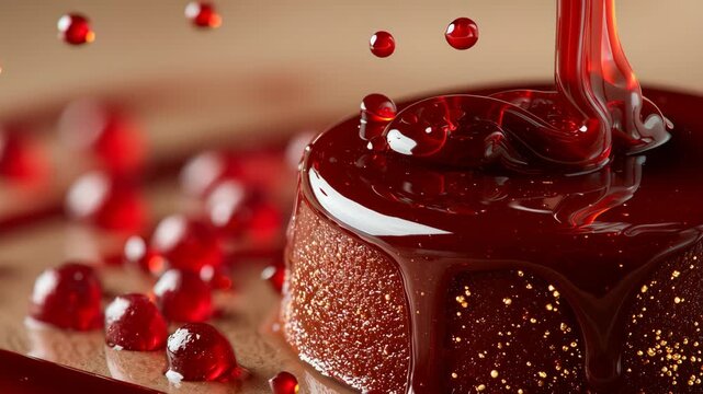 Rich chocolate dessert being drizzled with glossy red syrup and garnished with ruby red pearls