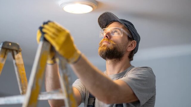 Fixing the Light: A skilled technician, equipped with a ladder, diligently works on repairing a light fixture, showcasing the precision and expertise involved in home maintenance.