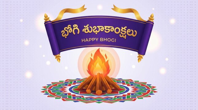 Happy bhogi purple banner with gold text above a bright orange flame emanating from a circular base on a light purple surface