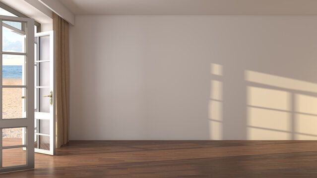 Empty Sunny Interior with Sea View. Light Hotel Room with Open Doors Overlooking the Beach, Yellow Sand and Clouds. Brown Parquet, Cream Stucco Walls. 3D Rendering, 8K Ultra HD, 7680x4320, 300 dpi
