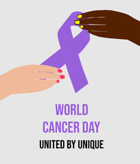 World Cancer Day banner with the 2025-2027 theme "United by Unique" and a purple ribbon held by a white and black woman's hand