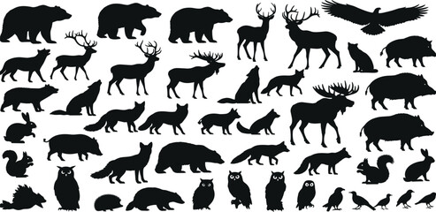 Extensive collection of wild animal silhouettes, showcasing various forest and woodland creatures, birds of prey, and mammals in a versatile vector graphic style