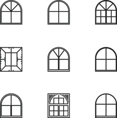 Set of Minimalist Arched Window Frames and Architectural Line Art Icons for Real Estate and Construction