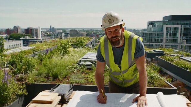 Architect's Vision: An architect meticulously examines blueprints on a rooftop, envisioning the realization of their design amidst a cityscape. 