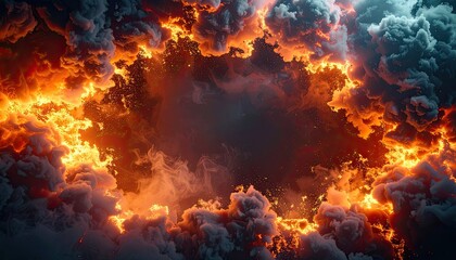 A vivid border of intense fire and dark smoke frames a deep, ominous central void.