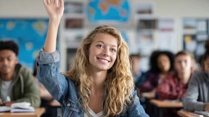 Eager Student in Classroom: Captivating view of a bright student with hand raised high, eager to participate in a stimulating and collaborative learning environment. - Powered by Adobe