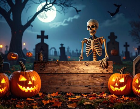 A spooky skeleton emerges from a wooden crate amidst glowing jack-o'-lanterns in a moonlit graveyard.