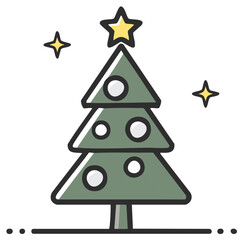 Festive Doodle Christmas Tree with Yellow Star and Ornaments Holiday Celebration Icon