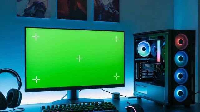 Modern gaming setup with green screen on monitor and colorful computer tower