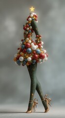 Surreal Christmas tree fashion figure made of ornaments and baubles, elegant legs in heels, festive fantasy sculpture, whimsical holiday art style on soft studio background.