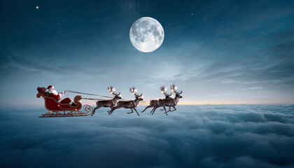Christmas – Santa's sleigh crossing moonlit clouds. Santa Claus driving his sleigh silently above clouds illuminated by the full moon.