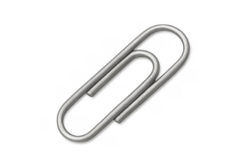 Metal paperclip object fastening documents, an office stationery accessory, chrome silver binder, transparent background