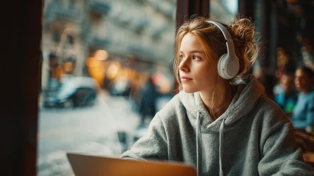 Window to Thought: A young woman, enveloped in the immersive world of music through her headphones, finds herself lost in contemplation by a window.