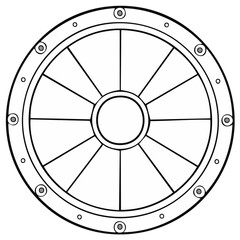 Circular shield with central disc and radial spokes design outline illustration
