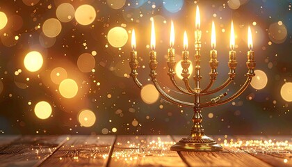 A radiant gold Hanukkah menorah with seven lit candles sits on a wooden surface against a warm, blurred bokeh background.