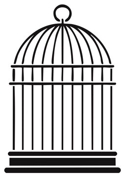 Black and white illustration of empty bird cage symbol