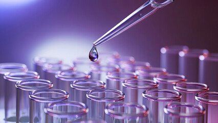 Close up of pipette dropping liquid into test tubes for pharmaceutical research in lab.
