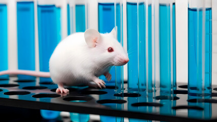 White laboratory mouse next to test tubes with blue liquid for medical research.
