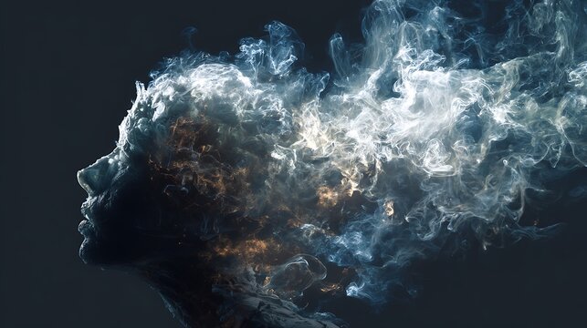 head dissolving into flowing smoke and light, symbolizing overthinking and emotional release, surreal fine art, 