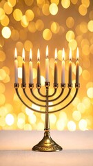 Fototapeta premium A glowing brass menorah with eight lit candles stands against a warm, golden bokeh background.
