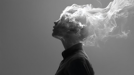 head dissolving into flowing smoke and light, symbolizing overthinking and emotional release, surreal fine art, 