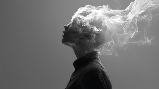 head dissolving into flowing smoke and light, symbolizing overthinking and emotional release, surreal fine art, 