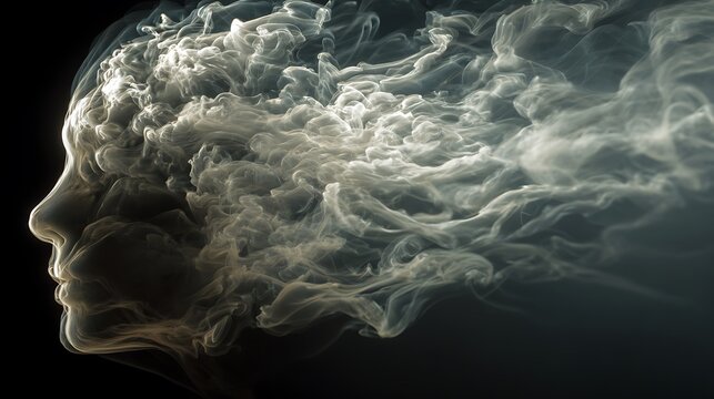 head dissolving into flowing smoke and light, symbolizing overthinking and emotional release, surreal fine art, 