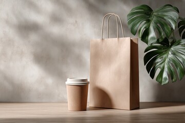Blank kraft paper bag mockup and coffee cup, close-up view on a wooden table with a monstera leaf in the background, featuring deep shadows.