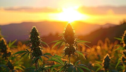 Cannabis flower buds silhouetted against a vibrant golden sunset over rolling hills.