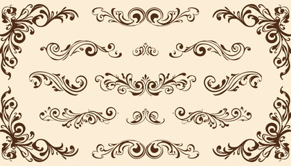 Obraz premium Vector set of decorative vintage design elements including floral ornaments frames and black scroll borders for ornate art illustrations