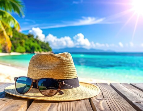 A straw hat and sunglasses rest on a wooden deck overlooking a tropical beach.