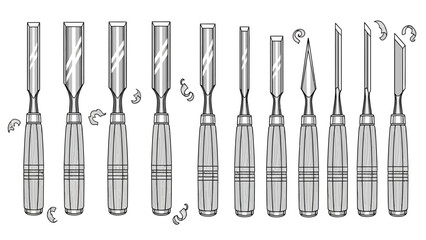 Isolated vector illustration of a steel screwdriver and metal tool set with screwdriver bits and a black silhouette icon of a bar knife on white
