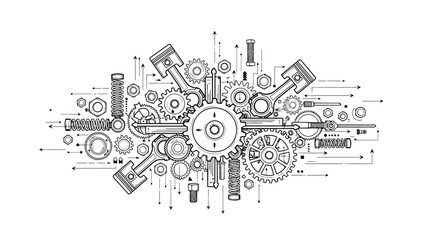 Abstract city sketch featuring a technical engineering pattern with mechanical gear cogs and vector machinery symbols in a professional industrial technology background design