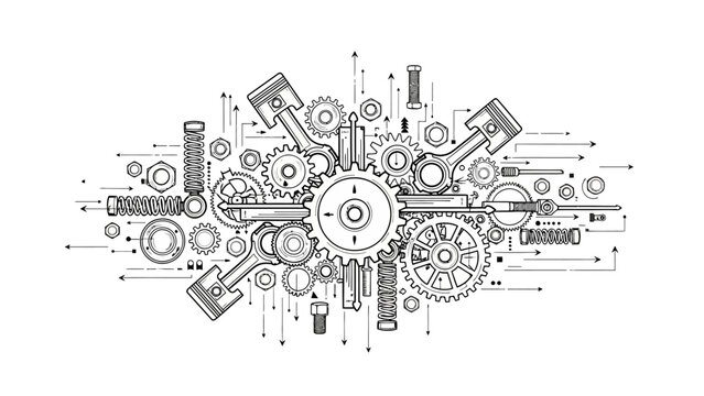 Abstract city sketch featuring a technical engineering pattern with mechanical gear cogs and vector machinery symbols in a professional industrial technology background design