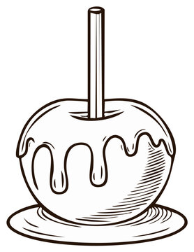 Monochrome line art drawing of a caramel apple with dripping candy coating on a stick