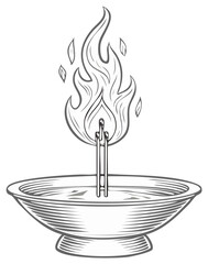 Monochrome Engraving Style Illustration of a Burning Ancient Oil Lamp
