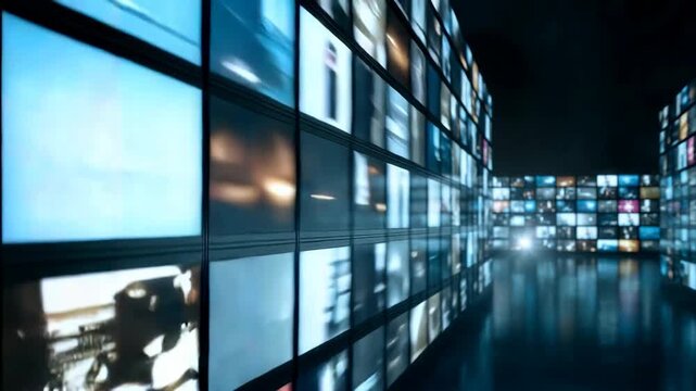 Dark control room filled with many screens shows global video surveillance monitoring and constant information flow