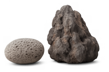 Volcanic rock formations displaying porous pumice stone and rugged lava rock, geology comparison on transparent background