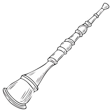 Stylized illustration of a wind instrument with decorative rings and a flared bell, musical art, outline drawing