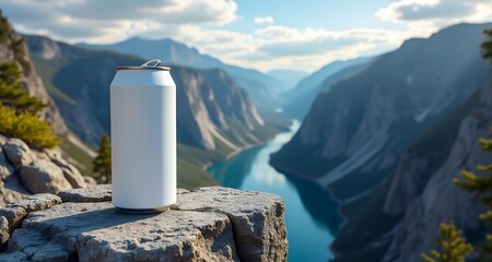 Blank White Beverage Can Mockup on Rocky Cliff with Mountain River Background