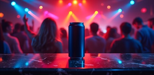 Blank Black Beverage Can Mockup on Marble Bar Counter in Nightclub with Party Crowd