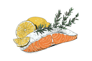 Fresh salmon fillet with skin, garnished with lemon slices and rosemary sprigs, hand-drawn color style on white background, healthy food concept